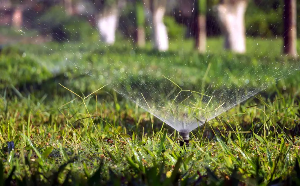 Pop-up sprinkler spraying water over a green lawn